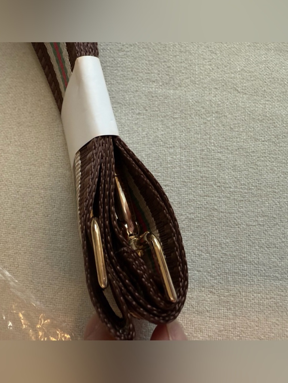 Pom Pom London Brown Green Red Stripe Crossbody Strap w/ Gold Hardware - Picture 4 of 4